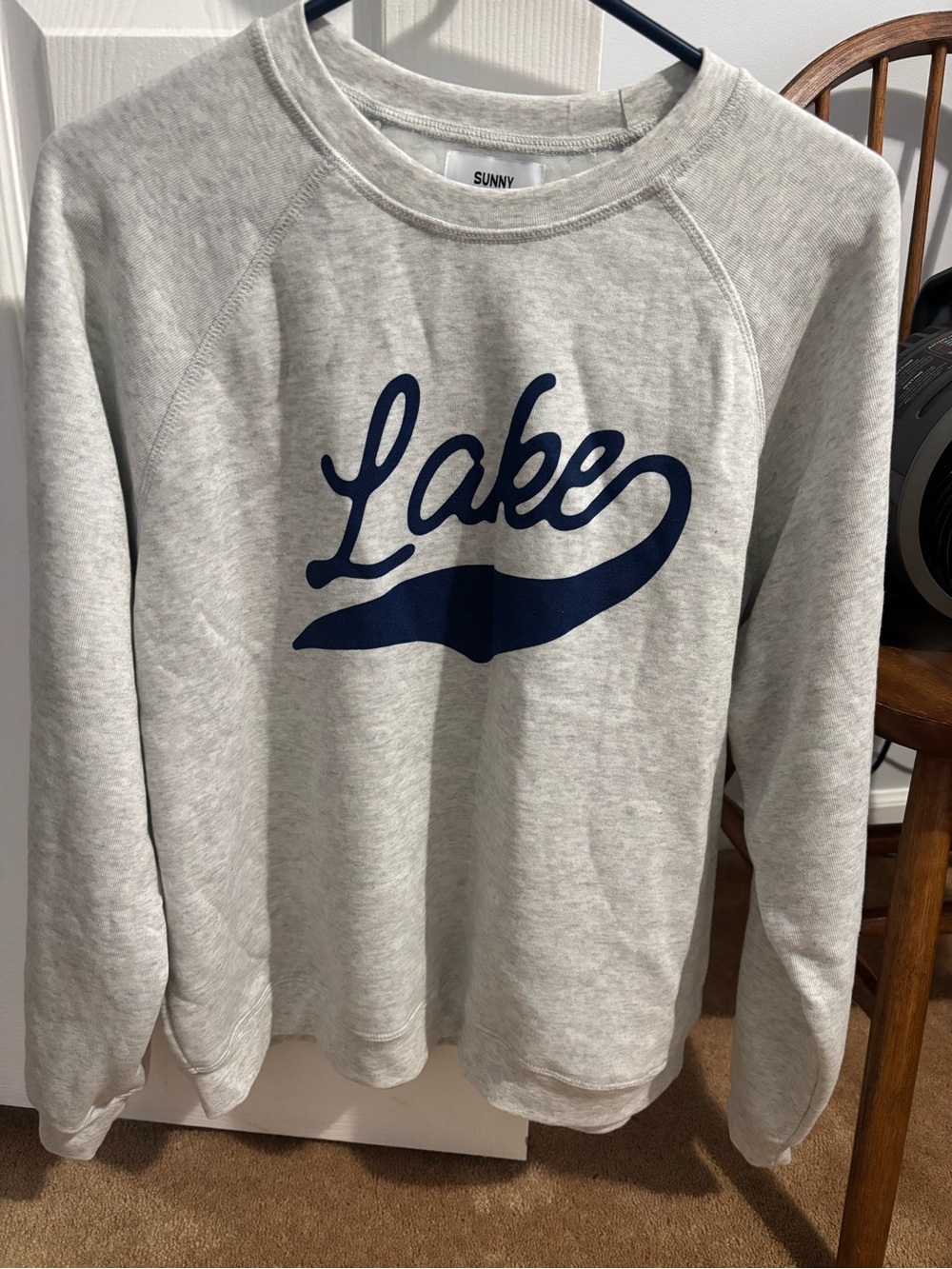 Sunday Somewhere Light Gray Crewneck with Navy 'Lake' Script Women’s Medium